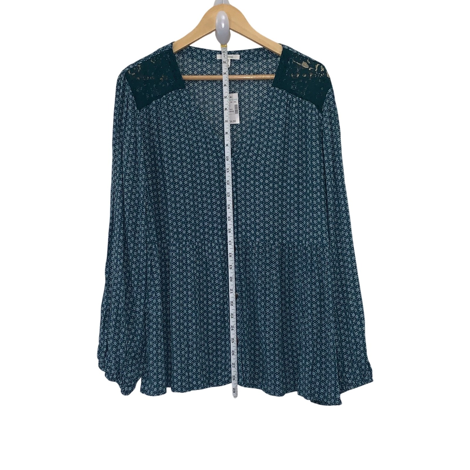 Maurices Womens Xxl Teal Geometric Print Lace Detail Long Sleeve Blouse Top